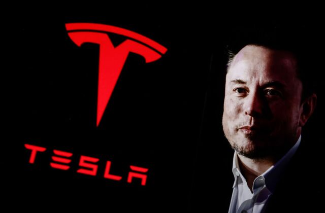 Tesla logo glowing in red beside a portrait of a man in formal attire against a dark background.