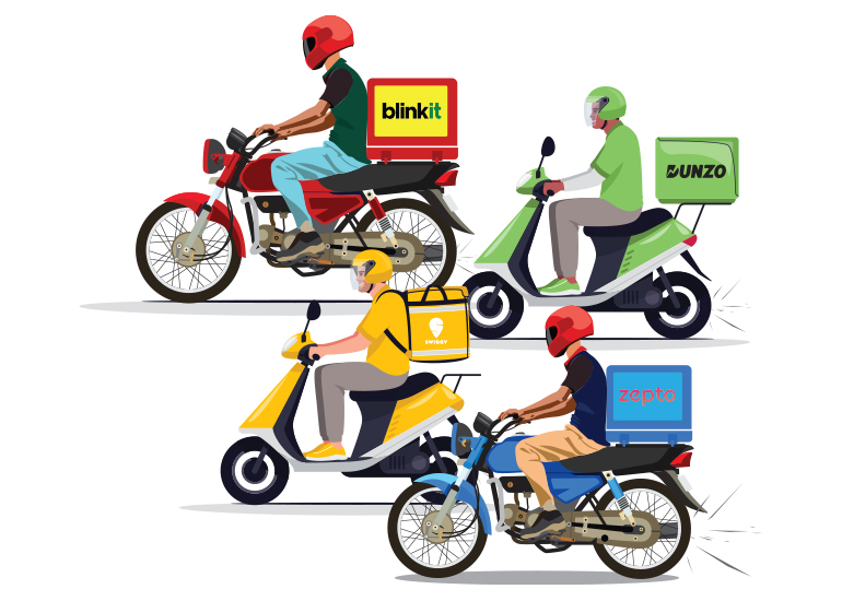 Delivery riders on two- and three-wheelers, each bearing branded delivery boxes labeled Blinkit, Dunzo, Swiggy, and Zepto, riding rightward.